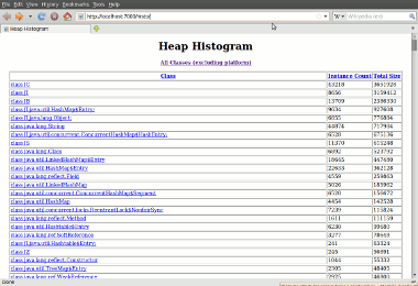 Heap histogram produced by jhat
